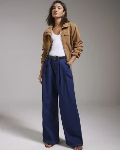 Blue Belted Pleated Wide Leg Jeans