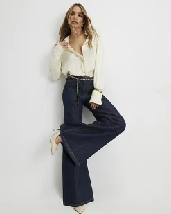 Blue Belted Wide Leg Jeans