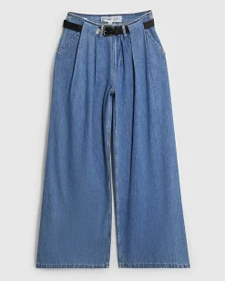 Blue Belted Wide Leg Pleated Jeans