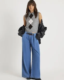 Blue Belted Wide Leg Pleated Jeans