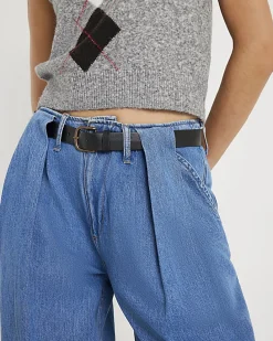 Blue Belted Wide Leg Pleated Jeans
