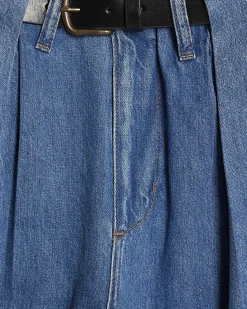 Blue Belted Wide Leg Pleated Jeans