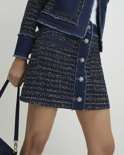 Blue Boucle Denim A line Mini Skirt