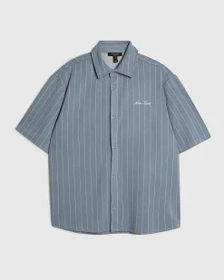 Blue Boxy Fit Stripe Short Sleeve Shirt