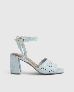 Blue Broderie Block Heel Sandals