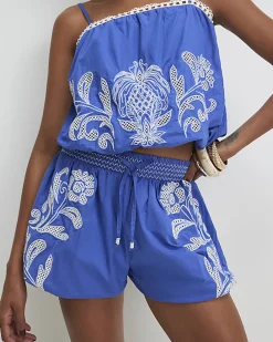 Blue Broderie Bubble Hem Shorts