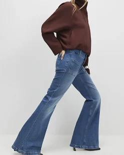 Blue Button Detail Pocket Front Flared Jeans