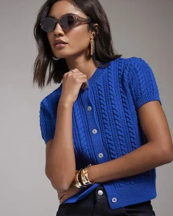 Blue Cable Knit Button Up Top