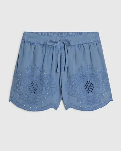 Blue Chambray Broderie Studded Shorts