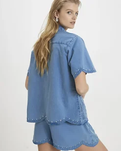 Blue Chambray Broderie Studded Shorts