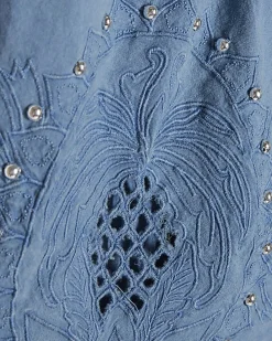Blue Chambray Broderie Studded Shorts