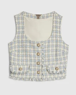 Blue Check Fringe Hem Boucle Waistcoat