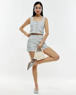 Blue Check Fringe Hem Boucle Waistcoat