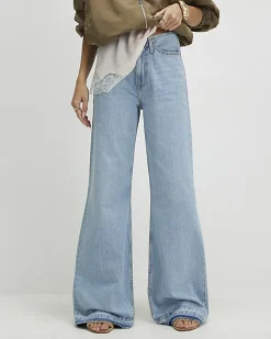 Blue Clean Waist Wide Leg Turn Down Hem Jeans