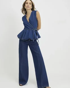 Blue Clean Waistband Wide Leg Jeans