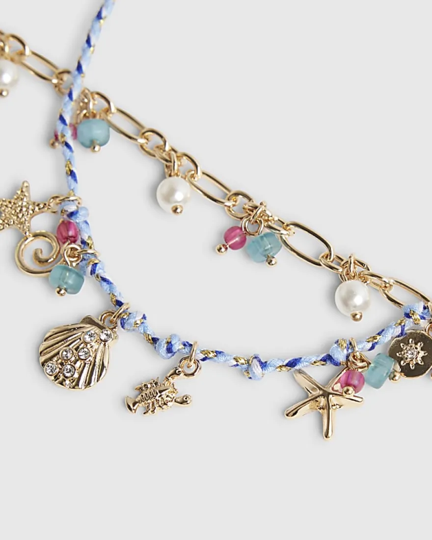 Blue Cord Layered Charm Anklet