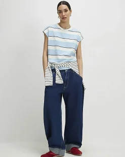 Blue Cotton Stripe Short Sleeve T-shirt