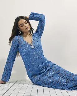 Blue Crochet Shell Maxi Dress