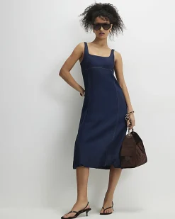 Blue Denim Bubble Hem Midi Dress