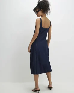 Blue Denim Bubble Hem Midi Dress
