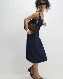Blue Denim Bubble Hem Midi Dress