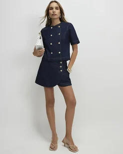 Blue Denim Button Detail Skort