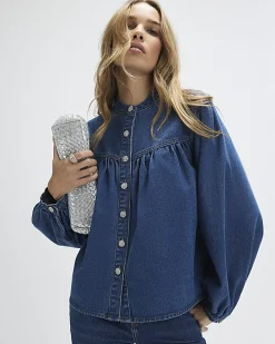 Blue Denim Diamante Button Long Sleeve Shirt