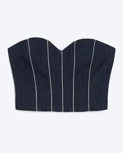 Blue Denim Diamante Embellished Bandeau Top