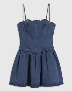 Blue Denim Diamante Strap Mini Dress