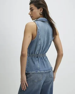 Blue Denim Elasticated Sleeveless Waistcoat