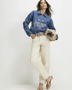 Blue Denim Embroidered Quilted Bomber Jacket
