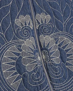 Blue Denim Embroidered Quilted Bomber Jacket