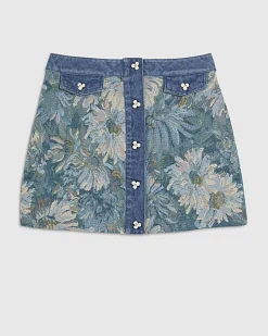 Blue Denim Floral Tapestry Mini Skirt
