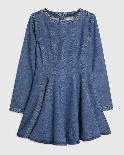 Blue Denim Long Sleeve Seamed Mini Dress