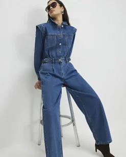 Blue Denim Long Sleeve Waisted Jumpsuit