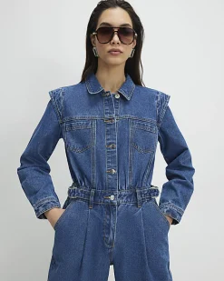 Blue Denim Long Sleeve Waisted Jumpsuit
