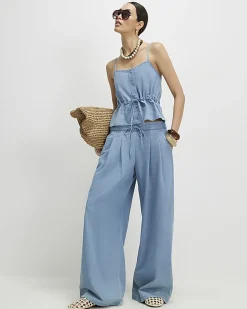 Blue Denim Look Drawstring Waist Cami Top