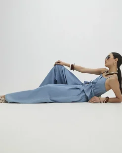 Blue Denim Look Drawstring Wide Leg Trousers