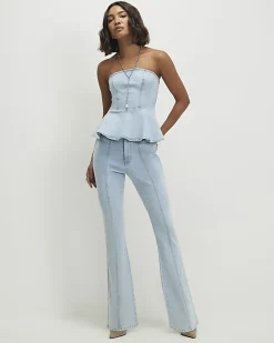 Blue Denim Peplum Bandeau Top