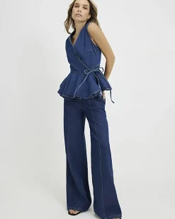 Blue Denim Peplum Wrap Top