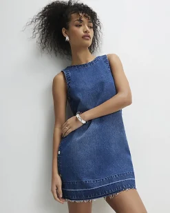 Blue Denim Popper Side Mini Swing Dress
