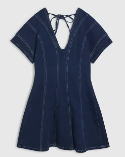 Blue Denim Short Sleeve Seamed Mini Dress