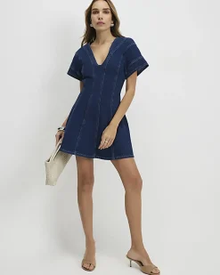 Blue Denim Short Sleeve Seamed Mini Dress