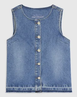 Blue Denim Sleeveless Raw Hem Top