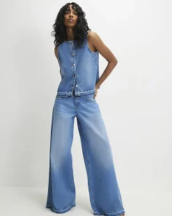 Blue Denim Sleeveless Raw Hem Top
