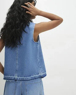 Blue Denim Sleeveless Raw Hem Top