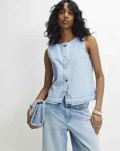 Blue Denim Sleeveless Raw Hem Top