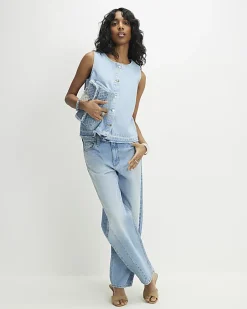 Blue Denim Sleeveless Raw Hem Top