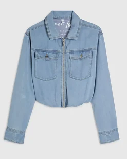 Blue Denim Tencel Bubble Hem Bomber Jacket