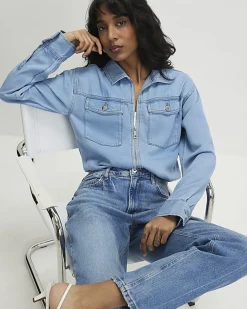 Blue Denim Tencel Bubble Hem Bomber Jacket